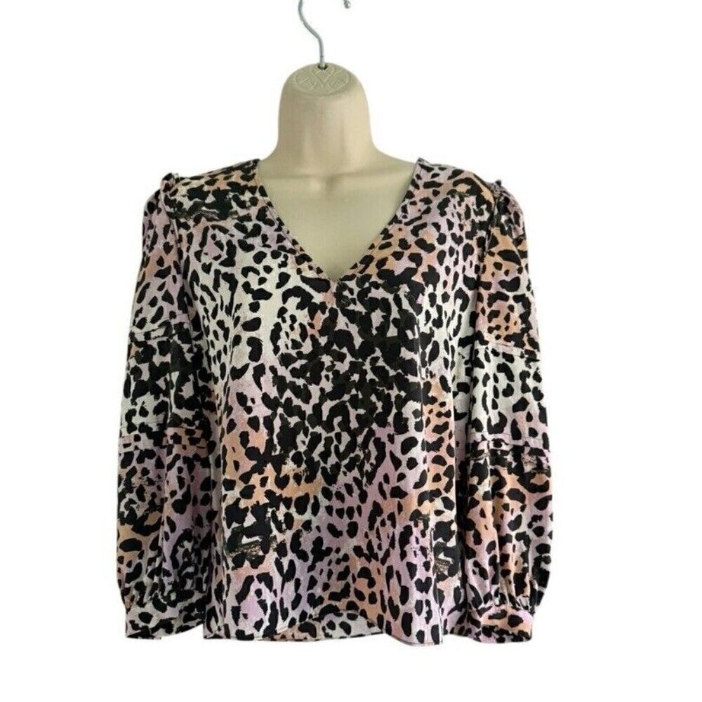 Veronica Beard Woman's Sz 2 Lety Leopard Animal Print Watercolor Silk Blouse - Picture 3 of 8